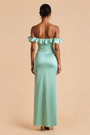 Mint Green Off the Shoulder Satin Sheath Long Bridesmaid Dress